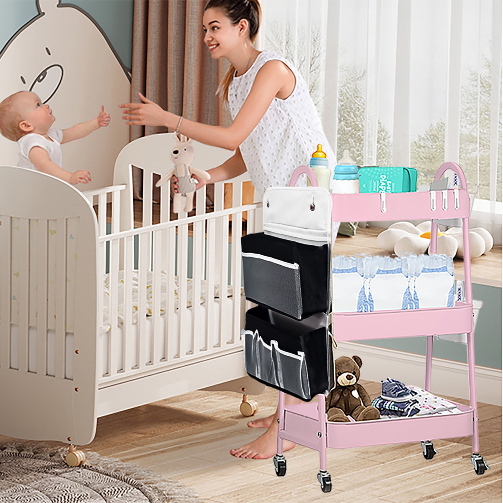 Baby Diaper Caddy Organizer Cart Metal rolling cart,3 Tier Rolling Storage Cart with Wheels,Baby Essentials for Diapers and Baby Wipes Newborn Essentials Storage Cart (Pink)