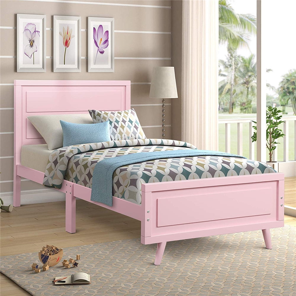 Twin Platform Bed Frame, Pink Twin Bed Frame with Headboard and