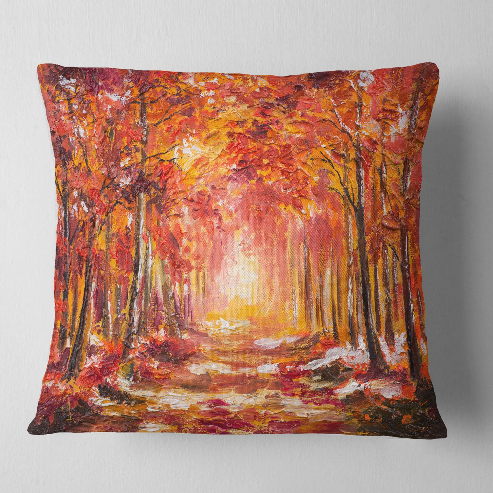 Designart Autumn Forest in Red Shade - Landscape Printed Throw Pillow - 16x16
