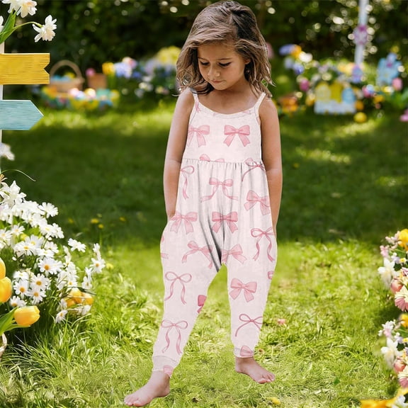 Toddler Baby Girl Easter Outfit Jumpsuit Spaghetti Strap Overalls Romper Bell Bottoms Pants Cute Clothes Pink 1-2 Years
