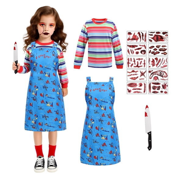GOBWCOT Kids Scary Killer Doll Costume for Girls Halloween Outfit Dress Jumpsuit with Knife Prop