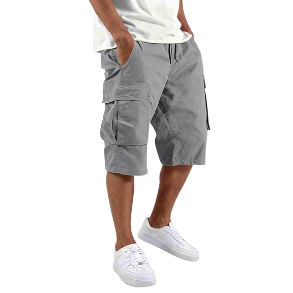 Long Cargo Shorts for Men Below Knee Elastic Waist Drawstring Baggy Bermuda Shorts Work Short Cargo Pants with Pocket,Gray 2XL
