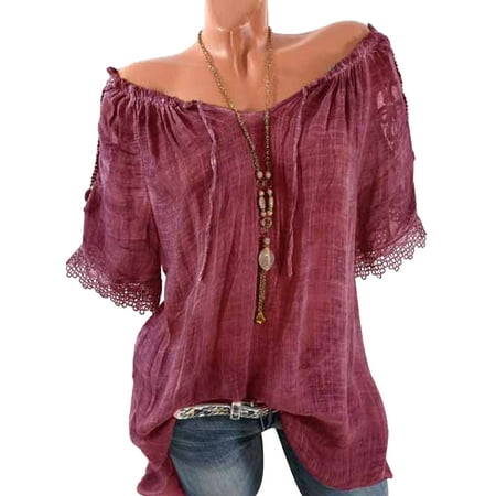 Vintage Pattern Jumper Blouse - Casual Cold Shoulder Tops For Women Semitransparent Lace Crochet Short Sleeve Vintage T-Shirt Off Shoulder Pullover Jumper