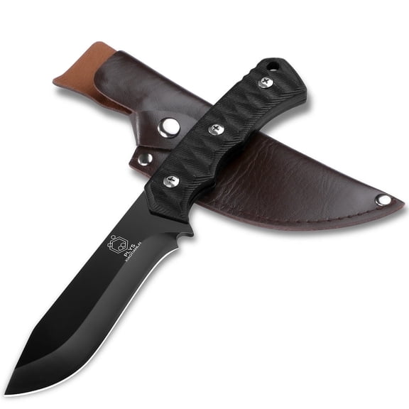 Plys 9.2 inch Full Tang Fix Blade Knife, Drop Point Blade Hunting with Leather Sheath for Outdoor Camping Sports Black