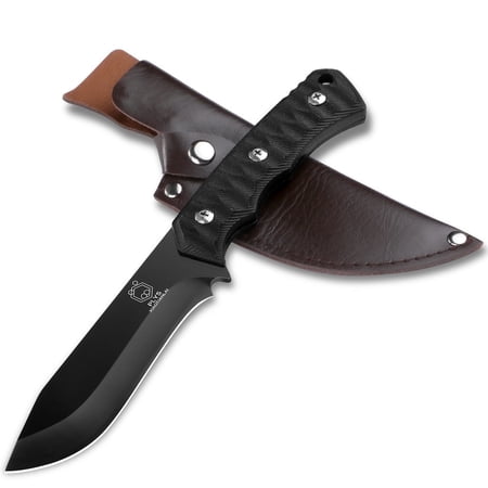Plys 9.2 inch Full Tang Fix Blade Knife Drop Point Blade Hunting with Leather Sheath for Outdoor Camping Sports Black