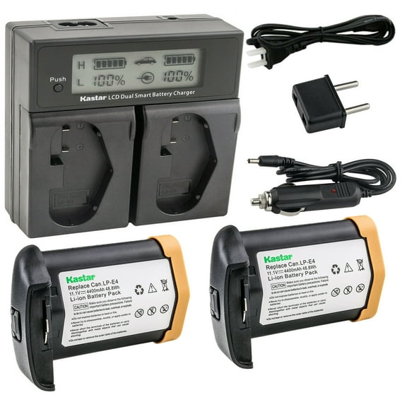 Kastar 2-Pack LPE4 Battery 11.1V 4400mAh and AC LCD Dual Fast Charger Compatible with Canon EOS 1D C, EOS 1D X, EOS 1D X Mark II, Mark 2, EOS 1D Mark III, Mark 3, EOS 1Ds Mark III, Mark 3 Camera
