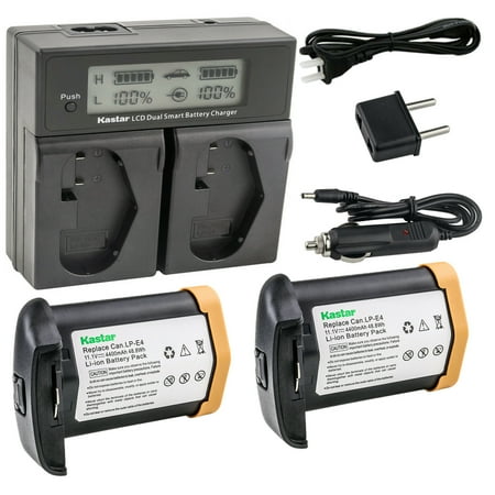 Kastar 2-Pack LPE4 Battery 11.1V 4400mAh and AC LCD Dual Fast Charger Compatible with Canon EOS 1D C EOS 1D X EOS 1D X Mark II Mark 2 EOS 1D Mark III Mark 3 EOS 1Ds Mark III Mark 3 Camera