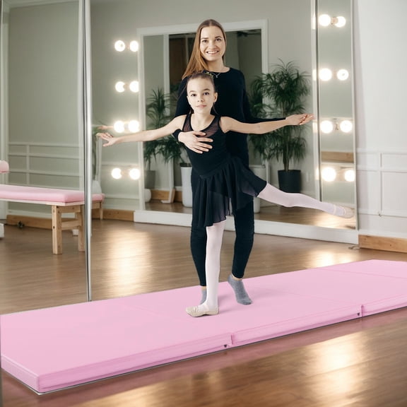 Resenkos Gymnastics Mat, Exercise Tumbling Mat,4-Panel PU Leather Folding Exercise Mat with Carrying Handles-Pink