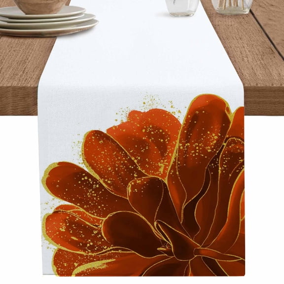 nqOlkjepod Burnt Orange Table Runner 90 Inches Long Farmhouse Dress Scarves, Sparkle Gold Stained Floral Flower Art Dining Tablerunner for Coffee Table/Kitchen Island/Party Décor, 13" x 90"