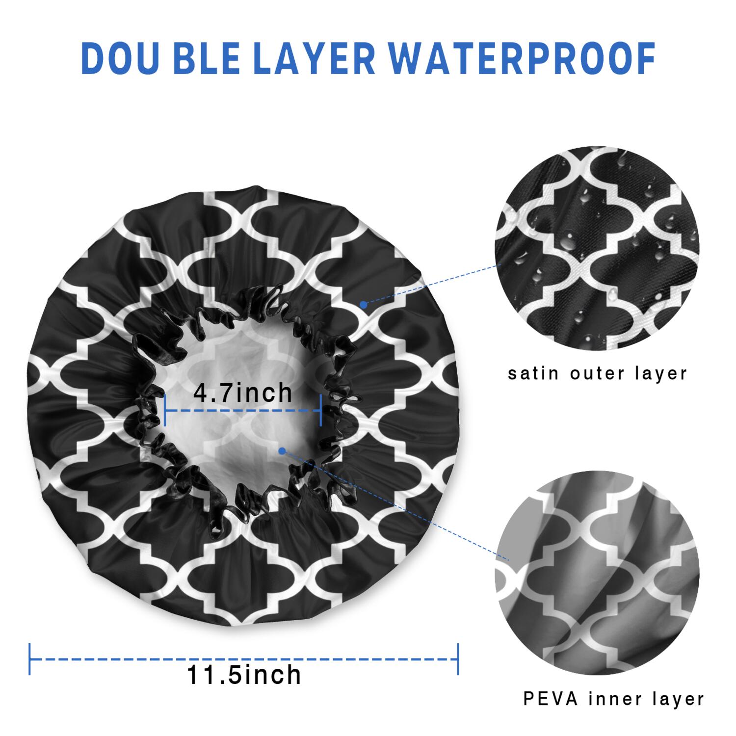 Shower Caps,Black and White Geometric Lattice Pattern Waterproof Shower Cap for Women 4 Pieces,Double Reusable Hair Cover for Shower PEVA Elastic Stretch Hem