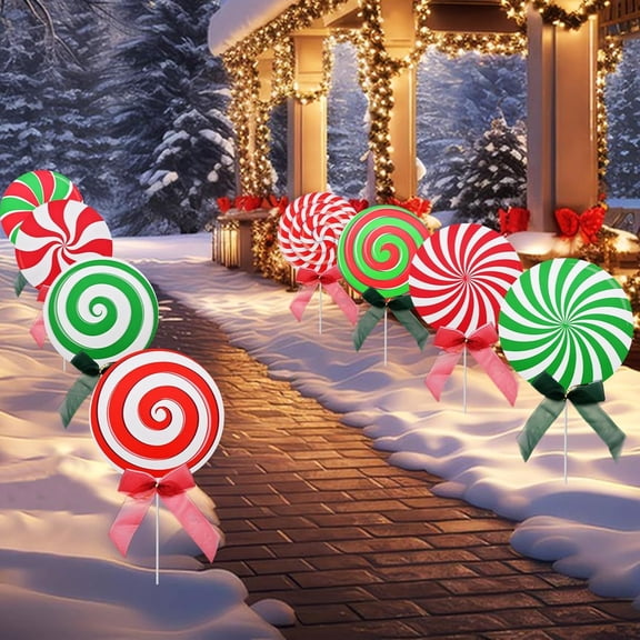 8 Pieces Christmas Decorations Outdoor Yard Garden Porch Sign - Large Corrugated Peppermint Lollipop Candy Design Signs with Stakes and Bows for Outside Winter Holiday Xmas Patio Pathway Lawn Decor