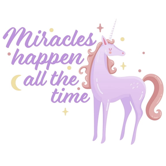 Removable 20" x 25" Purple Themed Unicorn Vinyl Sticker Multicolored Moon & Stars Design Kids Bedroom Nursery Wall Decal - Miracles Happen All The Time - Inspirational Quotes Home Wall Decoration
