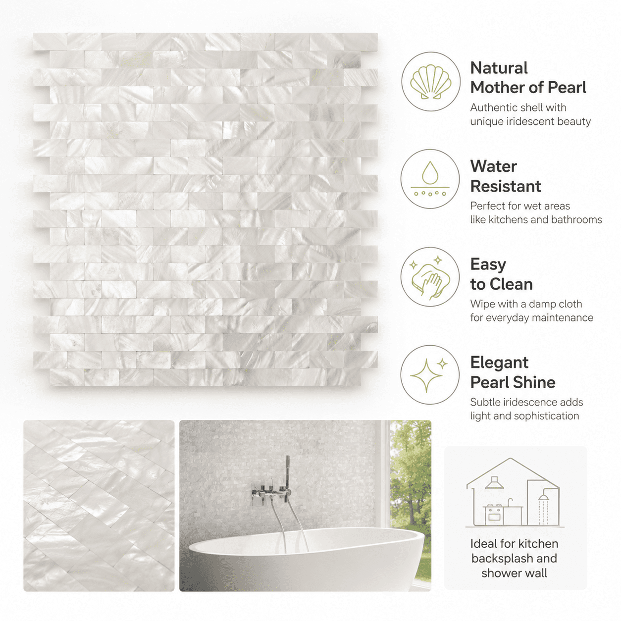 Yeslife 10-Pack Mother of Pearl Mosaic Tile, 11.8 x 11.8in, White Shell Mesh-Mounted Groutless for Backsplash, 9.7 sq ft
