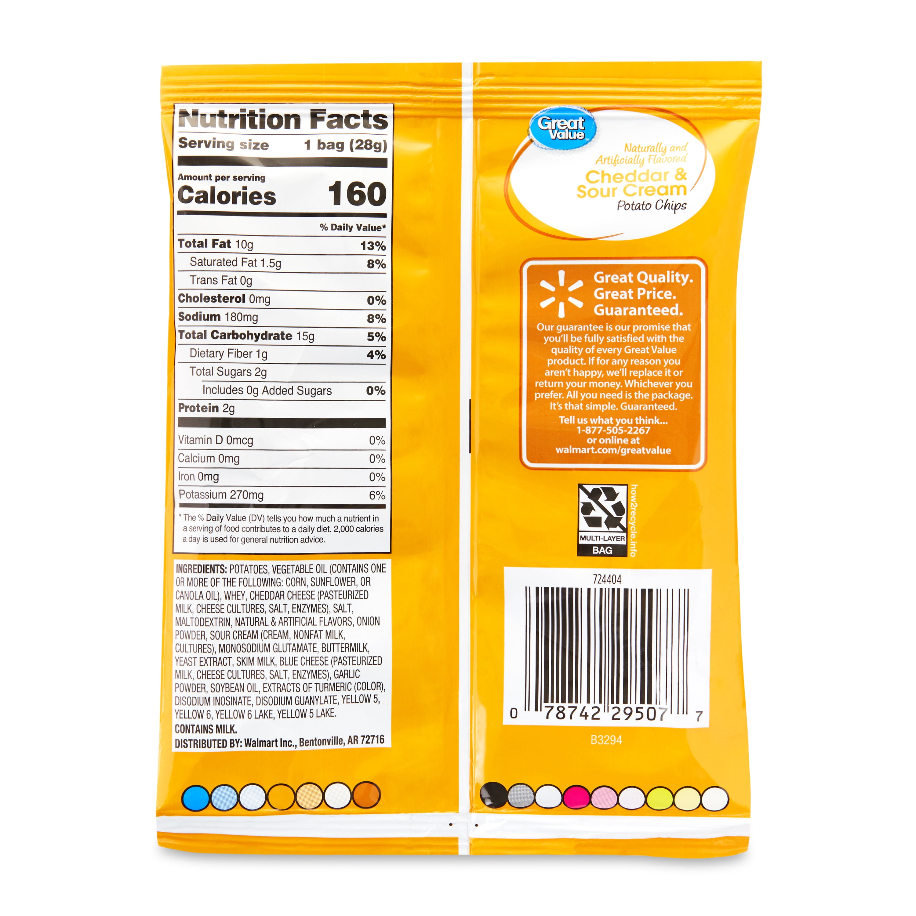 Great Value Cheddar & Sour Cream Flavor Potato Chips, 1oz