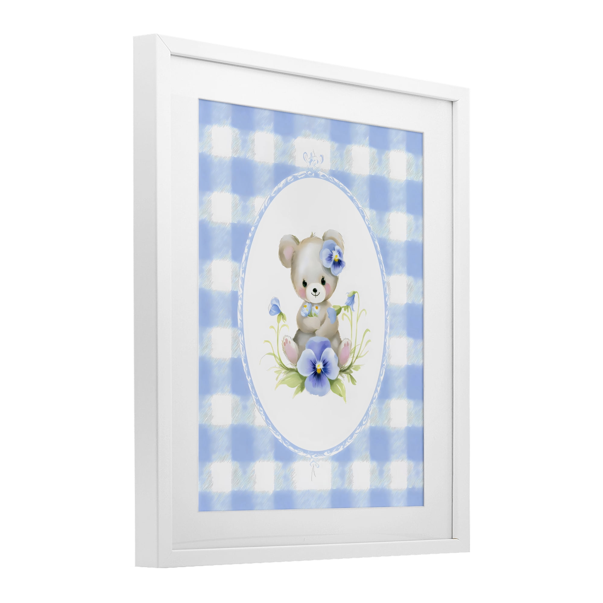 Stupell Industries Little Bear Blue Gingham White Framed Print Under Glass, design by Arlington Prints