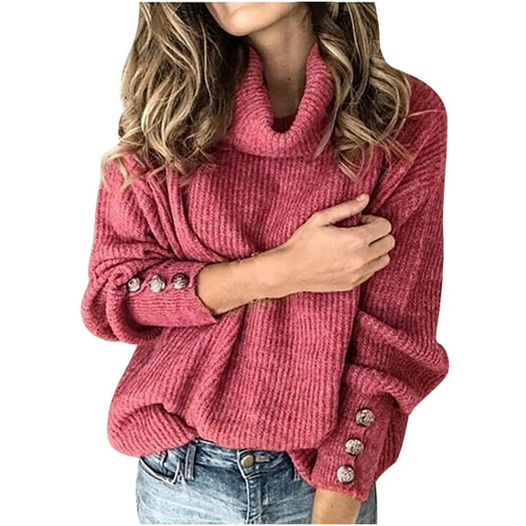 Odeerbi Winter Knit Turtleneck Sweater For Women Solid Color Cowl Neck Sweater Long Sleeve Stitching Sweaters 2025 Casual Loose Top Blouse Red