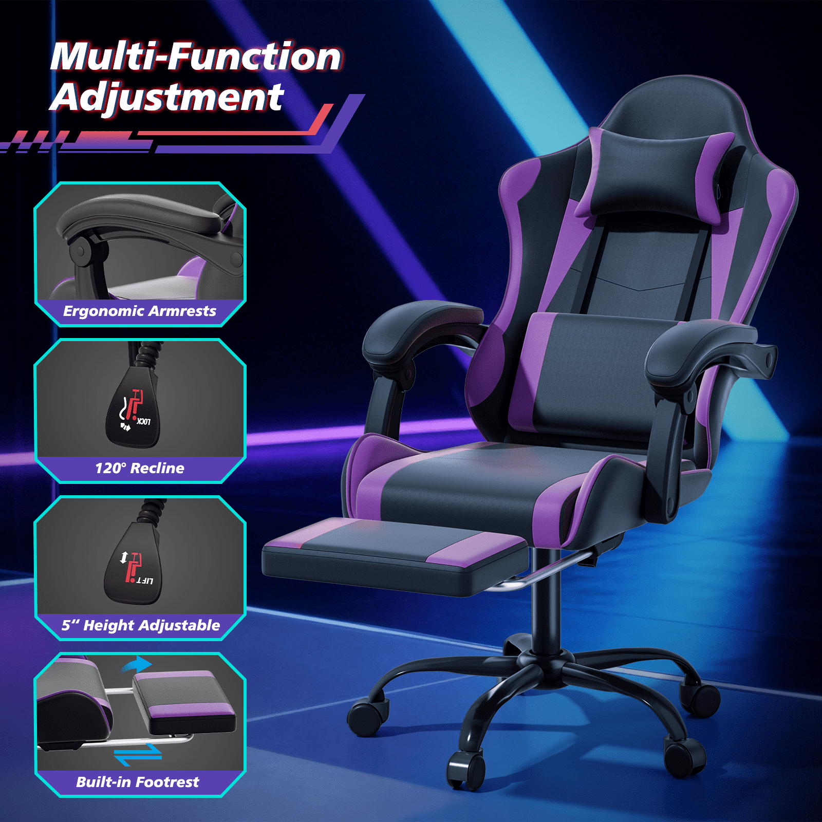 Magshion Ergonomic Gaming Chair with Headrest, Lumbar Support & Footrest - Adjustable Reclining Computer Chair for Adults, High Back Office Desk Chair, 350lbs Capacity， Purple