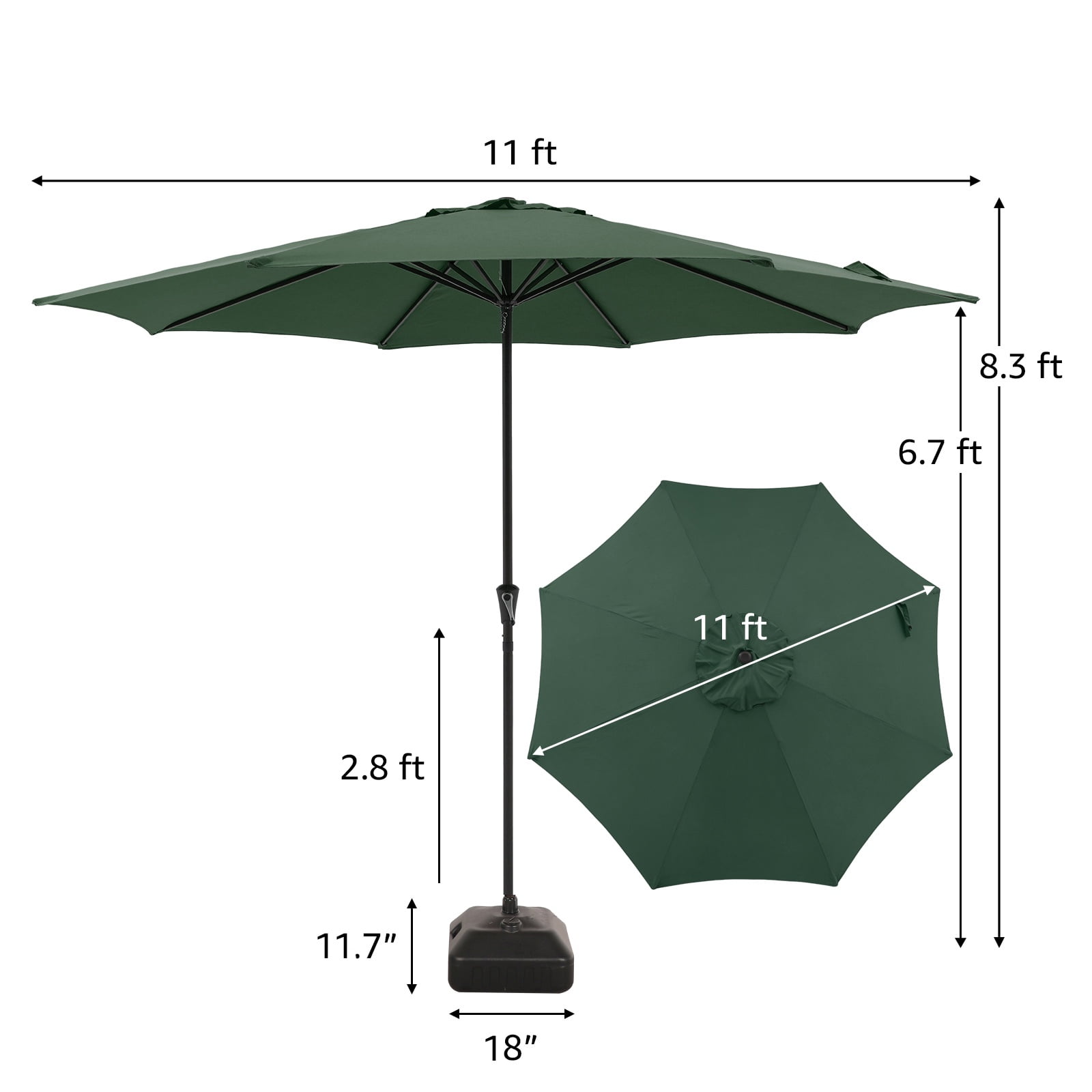 Patio Umbrella, 11' Outdoor Table Market Large Umbrella with 8 Steel Ribs and Crank, Water/Sand Self-Filled Umbrella Base Included, Dark Green