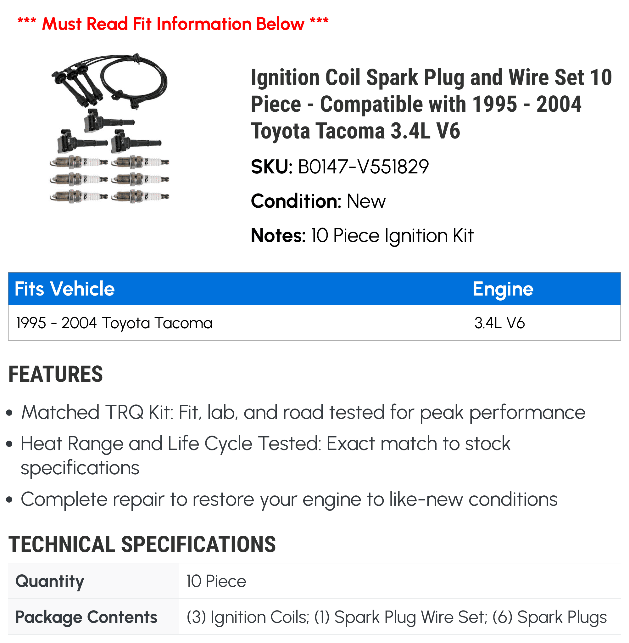 Ignition Coil Spark Plug and Wire Set 10 Piece - Compatible with 1995 - 2004 Toyota Tacoma 3.4L V6 1996 1997 1998 1999 2000 2001 2002 2003