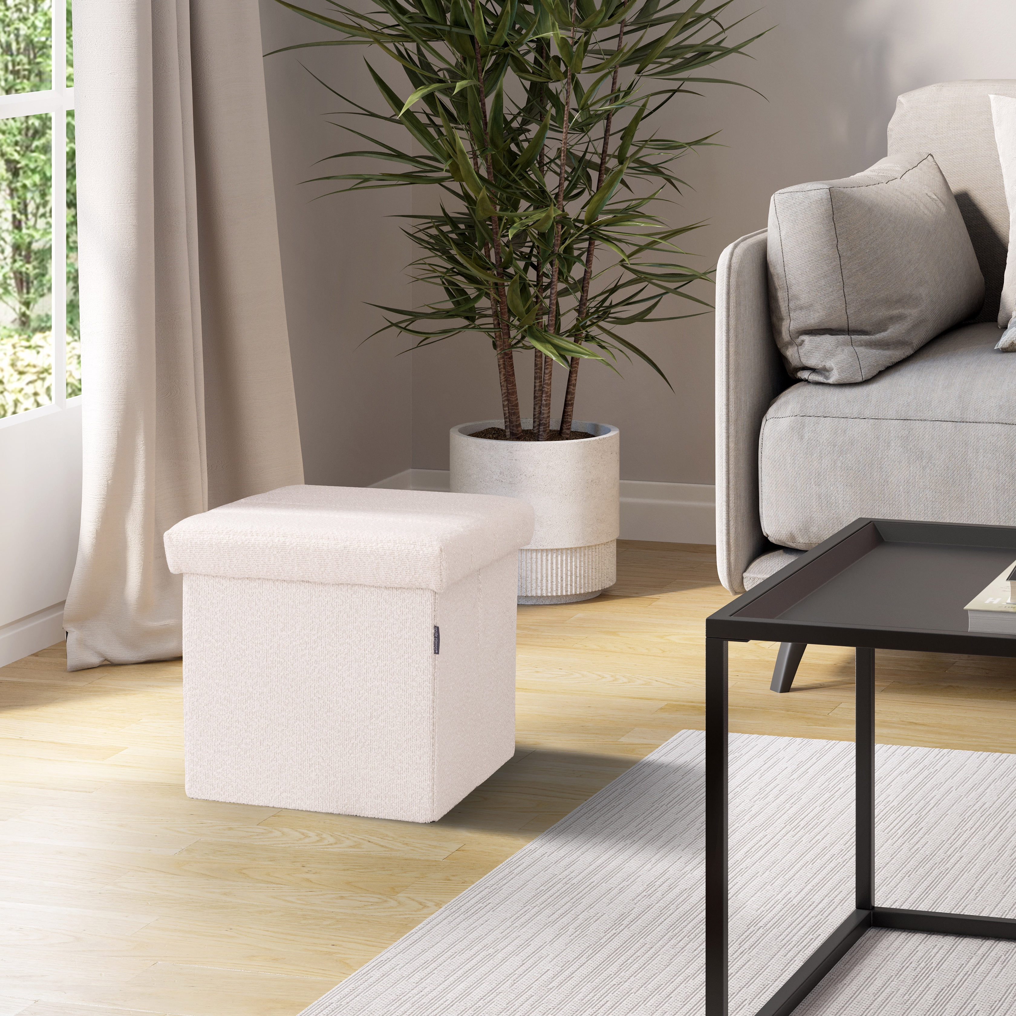 Seville Classics Cushioned Fabric Ottoman Hidden Storage Chest Footrest Chair for Bedroom, Dorm, Loft, Living Room, Entryway, Hallway, White Boucle, 15.7" Cube