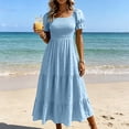 thumbnail image 6 of ClodeEU Women's Square Neck Puff Short Sleeve Smocked High Waist Tiered Ruffle Maxi Dress,Summer Flowy Casual Textured Dress Sky Blue,Women's Plus XXL, 6 of 7