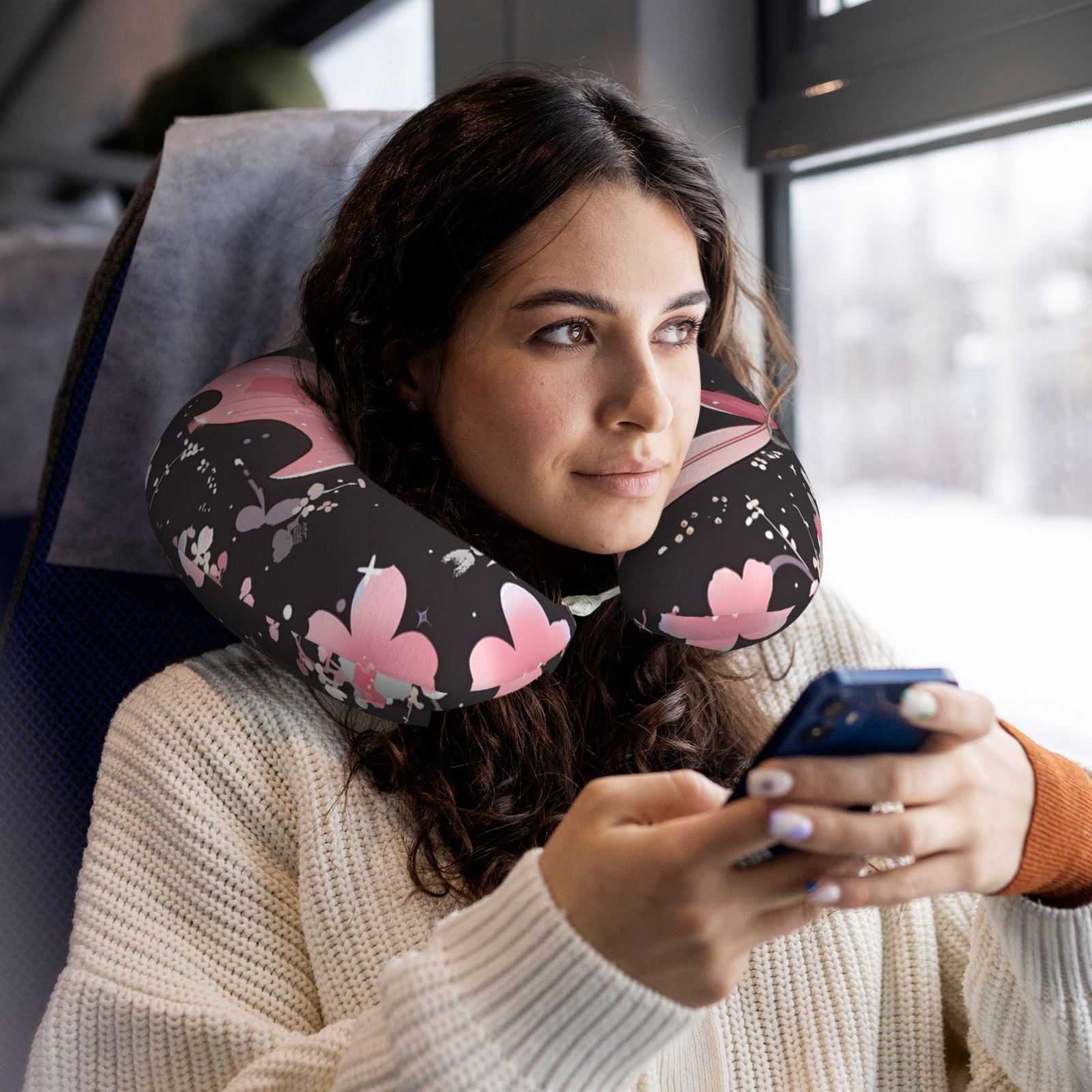 Xecao Chibi Axolotl Sakura Fantasy Print Memory Foam Cervical Neck Pillow Versatile U-Shaped Pillows for Home,Office,Camping,Travelling,Soft Washable Cover