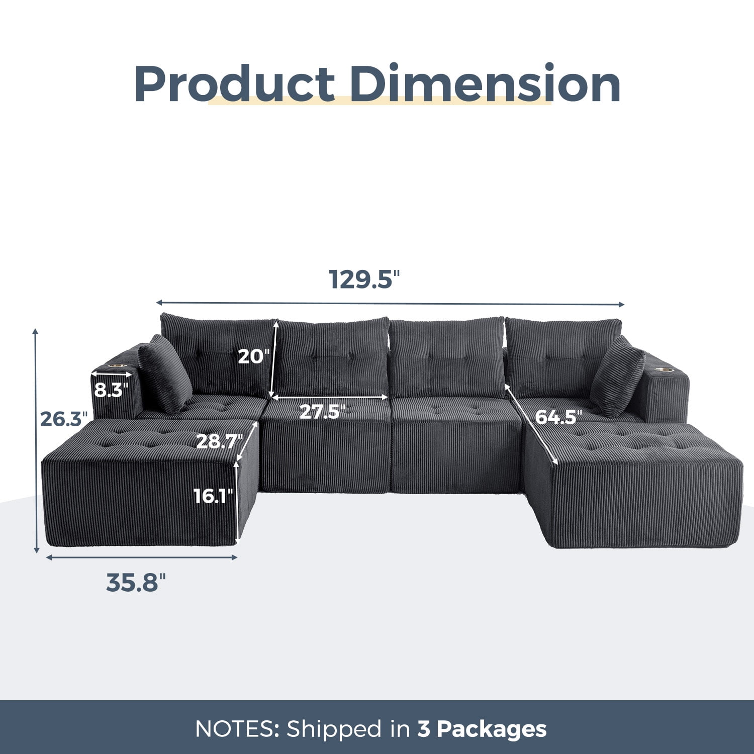 BYBYME 129"Oversized U Shaped Couch,6 Seat Sectional Corduroy Tufted Sofa,Upholstered Symmetrical Cloud Couch with Double Chaise,Wrap Around Sofa for Living Room Apartment Office,Sofa in A Box,Grey