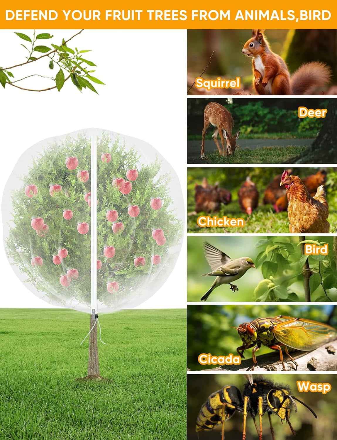 Fruit Tree Netting for Cicadas - with 4Pcs 3.3Ftx3.3Ft Zipper&Drawstring Protection for Your Fruit Trees Garden Bird Netting Covers Blueberry Bush Tomato Bug Plant Protection Cherry Apple Tree