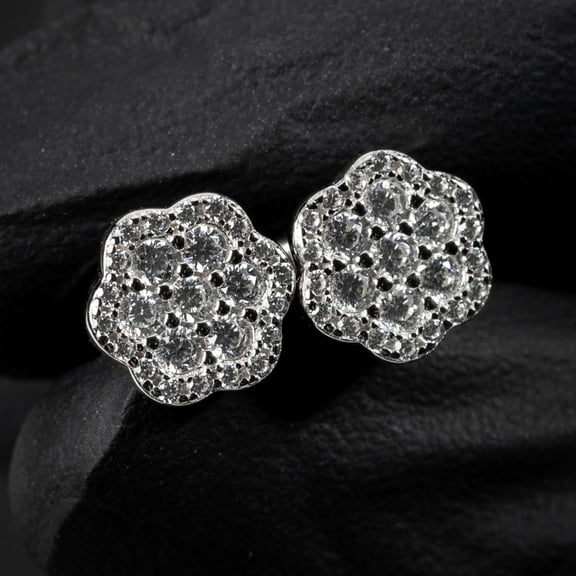 Mens Women's Iced Cubic Zirconia Flower Set 925 Sterling Silver Screw Back Post Honey Comb Round Cz Cluster Stud Hip Hop Circle Earrings
