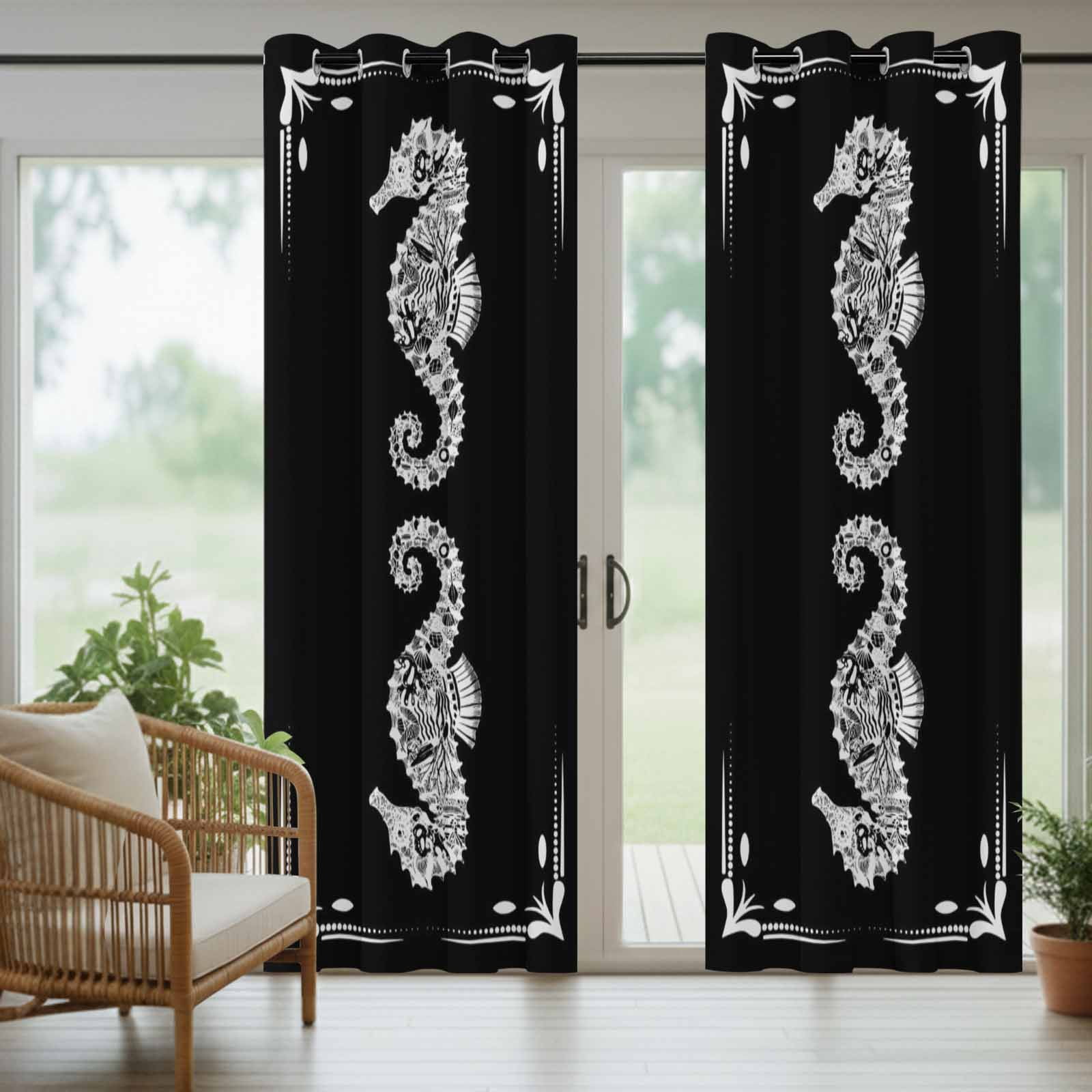 White Seahorse Outdoor Curtains for Patio, Retro Marine Life Black Background Sunshade Privacy Drapes Grommet Waterproof Outside Curtains for Porch/Cabana/Balcony 54"x 108", 1 Panel