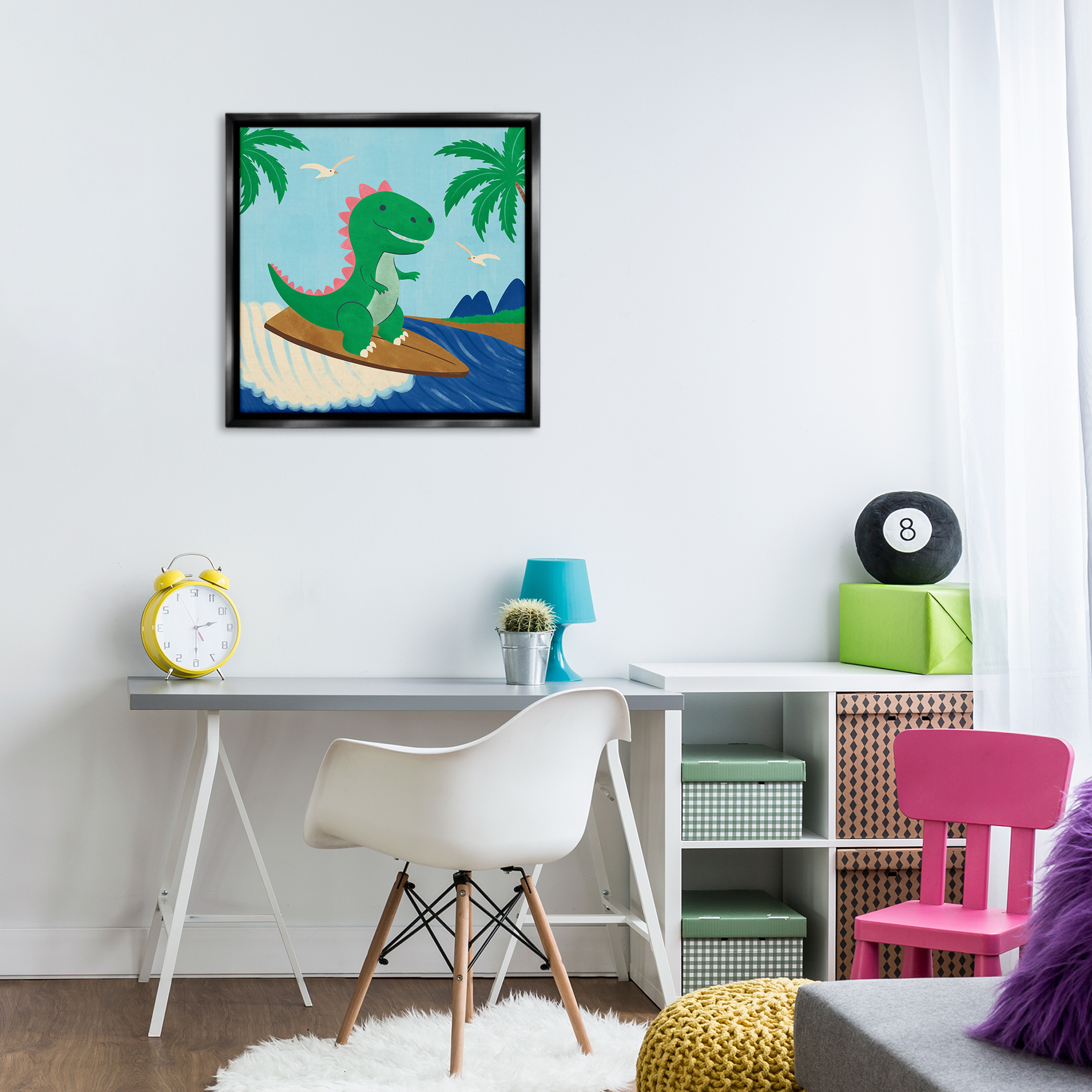Stupell Industries Baby Surfing Dino Animals Painting Black Floater Framed Canvas Art Print Wall Art, 25 x 25