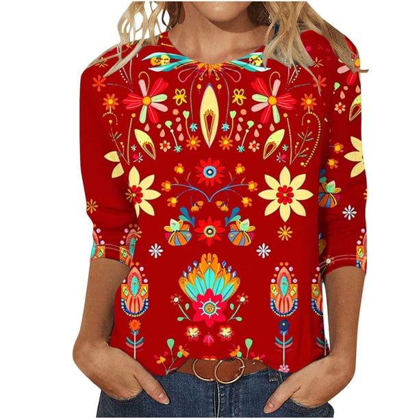 Camisetas Casuales de las Mujeres de Moda Impresa 3/4 Mangas Blusa Cuello Redondo para el Hogar Y Diario