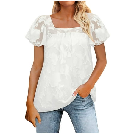RYRJJ Womens Square Neck Babydoll Tops Ruffle Short Sleeve Lace Blouse Summer Fashion Floral Textured Dressy Casual Shirts(White XL)
