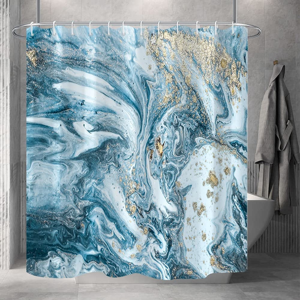 Extra Long Marble Bathroom Shower Curtain 84 Inches Length Blue White Gold Waterproof Fabric Shower Curtains with Hooks Watercolor Abstract Shower Curtains Cloth for Home Bath Decor 72x84 inches