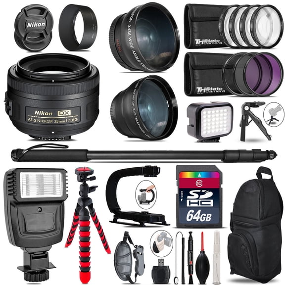 Nikon AFS 35mm 1.8 + Slave Flash + LED Light + Tripod - 64GB Accessory Bundle