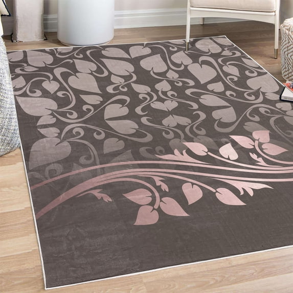 Floral Decorative Rug, Romantic Royal Leaf Pattern Yellow Colored Blossoming Branch Leaves Art, Quality Carpet for Bedroom Dorm and Living Room, 6 Sizes, Dark Taupe, by Ambesonne