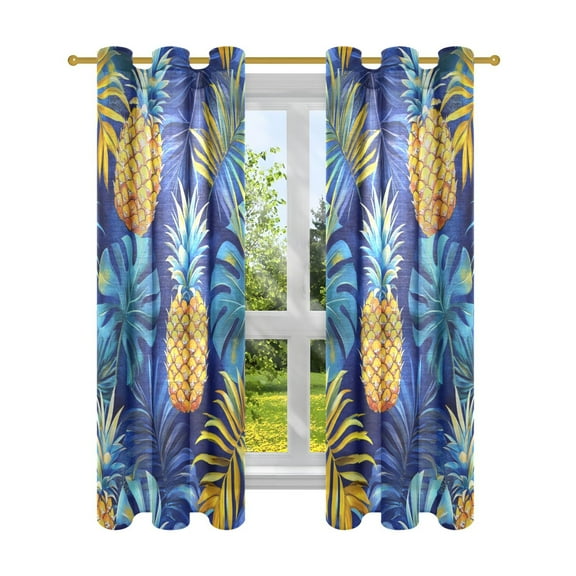Pineapples and Tropical Leaves on Blue Semi Sheer Curtains for Living Room Bedroom Set of 2 Insulated Window Drapes