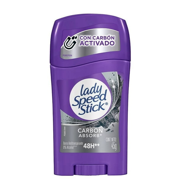 Desodorante Antitranspirante Lady Speed Stick Carbon Absorb en barra 45 g con carbón activado que absorbe el sudor, ofrece protección confiable hasta 48 horas contra sudor y mal olor, fórmula sin alcohol y libre de manchas negras en la ropa, ideal para uso diario.
