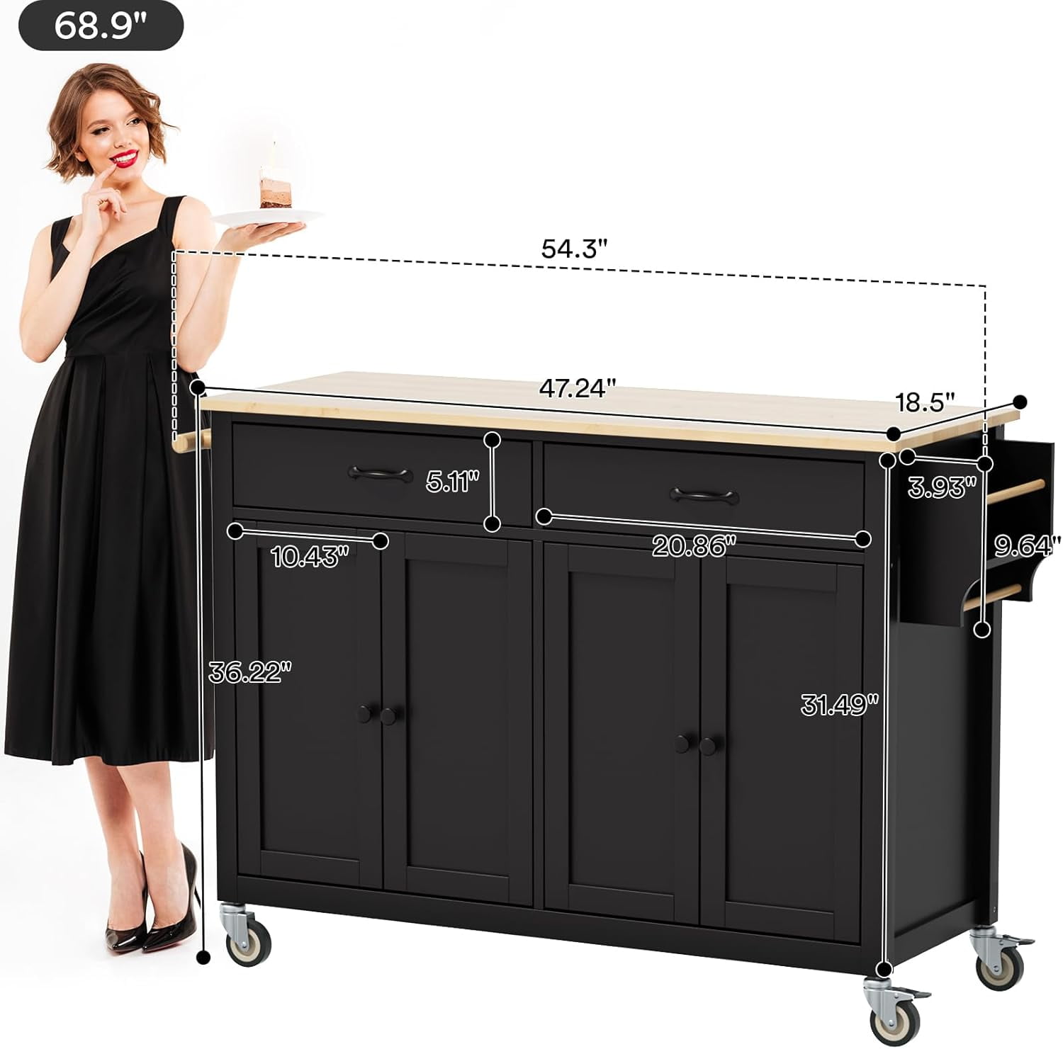 ZIVACATE Kitchen Island Cart with Solid Wood Top Mobile Carts Portable Islands on Wheels, Black