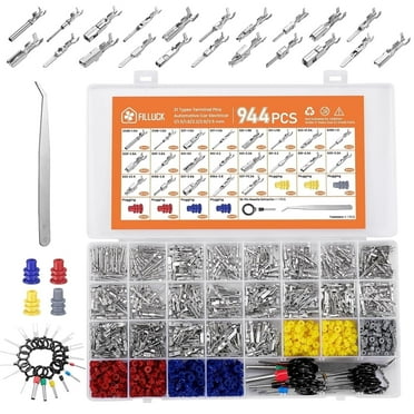 Filluck 944PCS Pin Connector Kit, Car Electrical Wire Connectors Terminal Pins, 21Type 1/1.5/1.8/2.2/2.8/3.5mm Male & Female Wire Terminal Removal Tool, Non Insulated Crimp Pins for Motorcycle ATV