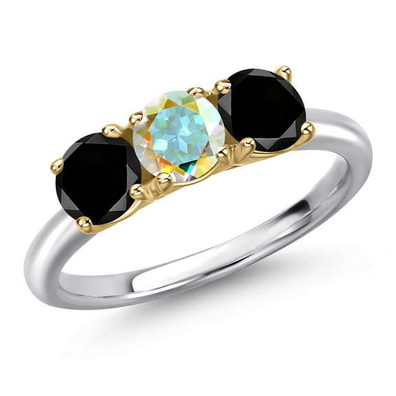 Gem Stone King 925 Silver and 10K Yellow Gold Mercury Mist Mystic Topaz and Black Diamond Engagement Ring for Women | 1.65 Cttw | Round 5MM | Gemstone November Birthstone | Size 9