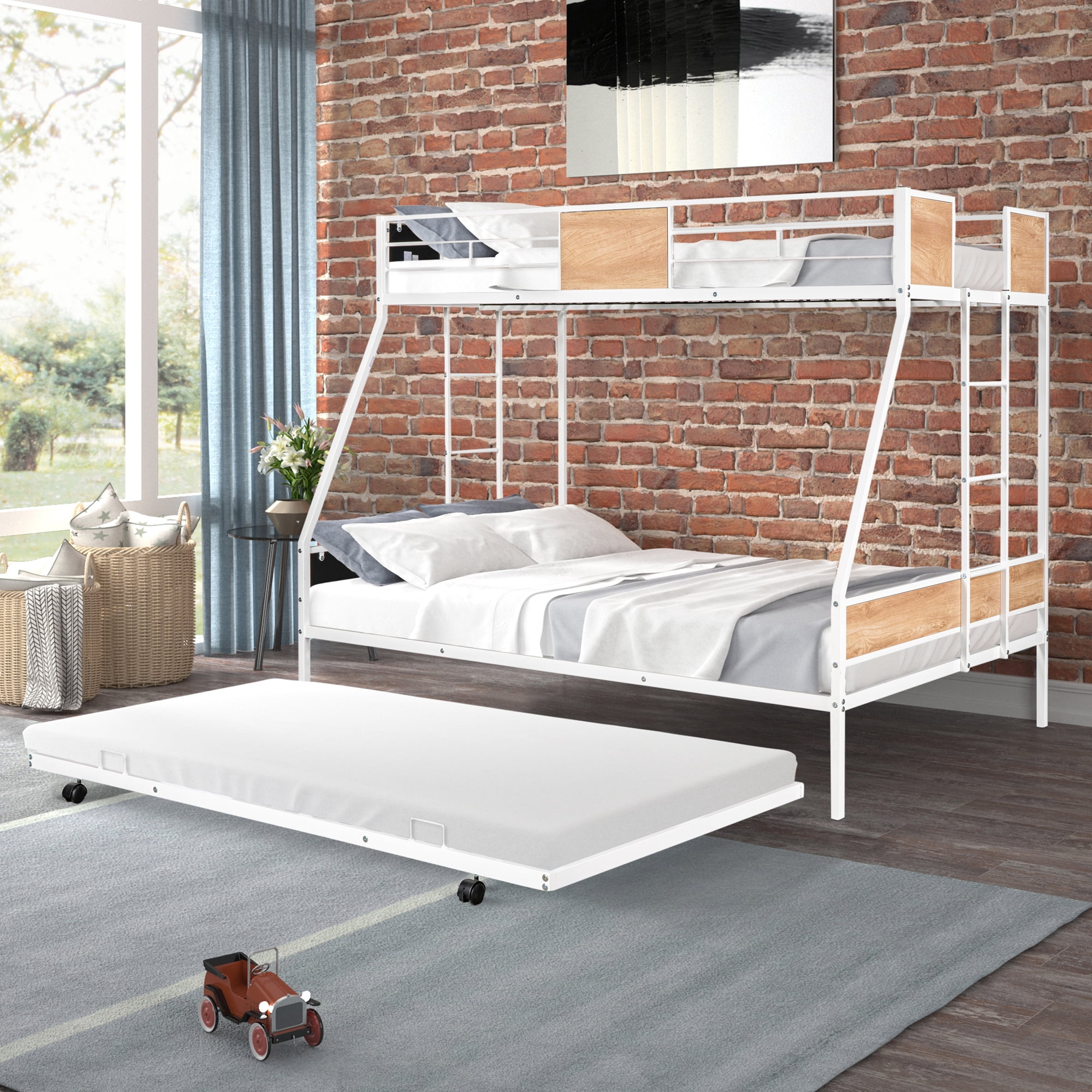 Gewnee Twin over Full Metal Bunk Bed with Trundle and  Two Ladders for Kids Room, White