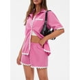 thumbnail image 6 of Argulvti Women's 2 Piece Set, Polyester Lapel Neck Short Sleeve Button Down Ric Rac Tops + Elastic Waist Drawstring Shorts, 6 of 7