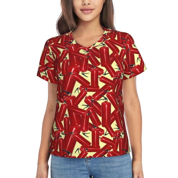 Uemuo Fire Extinguisher Printed Women's Classic V-Neck T-Shirt - Soft, Breathable, Moisture-Wicking, Perfect for Casual, Office, Travel, and Everyday Wear-Large