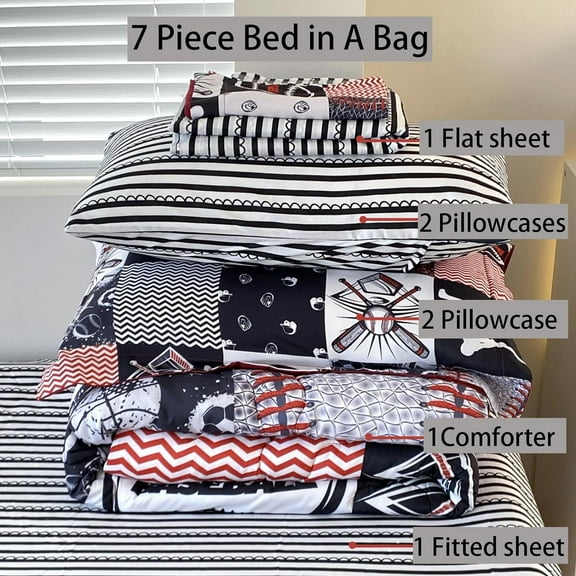 7 Piece Baseball Comforter Set Bed in A Bag Full Size 3D Softball Sports Bedding Set for Boys Kids Microfiber Comforter All Season