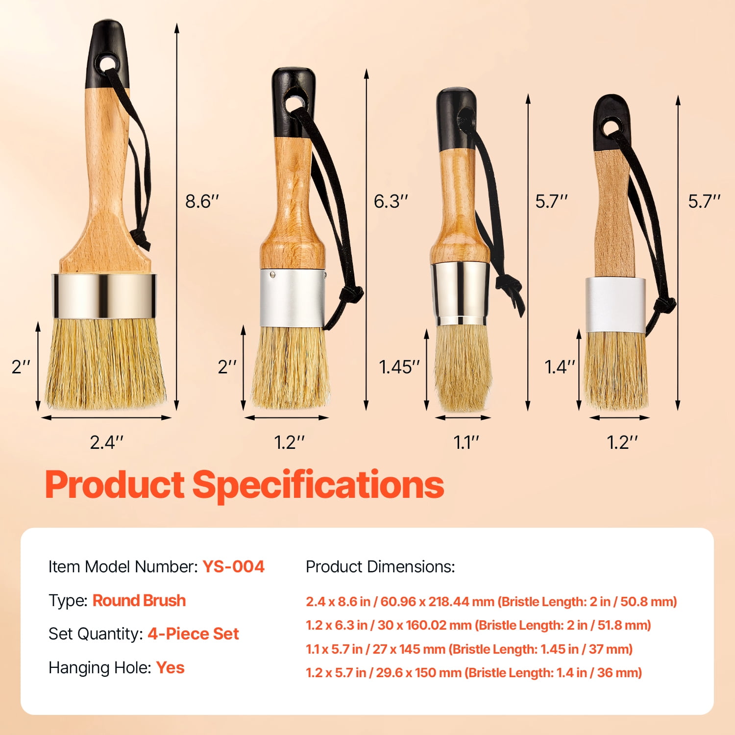 KFFKFF Chalk and Wax Paint Applicator, Set of 4, Brushes for Furniture, Acrylic Paint, Milk Paint, Home Decoration, Natural Bristle Round and Oval Brush for Comprehensive Painting and Waxing