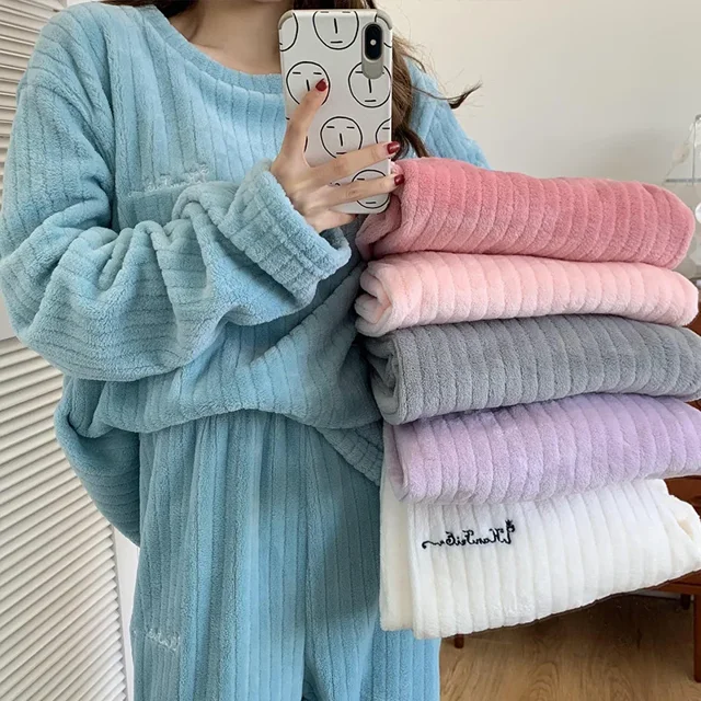 2023 Autumn Winter Women Solid Pyjamas 2 Piece Sets Thicken Velvet Ribbed Fleece Set Pullover And Pants Female Pajamas Suit