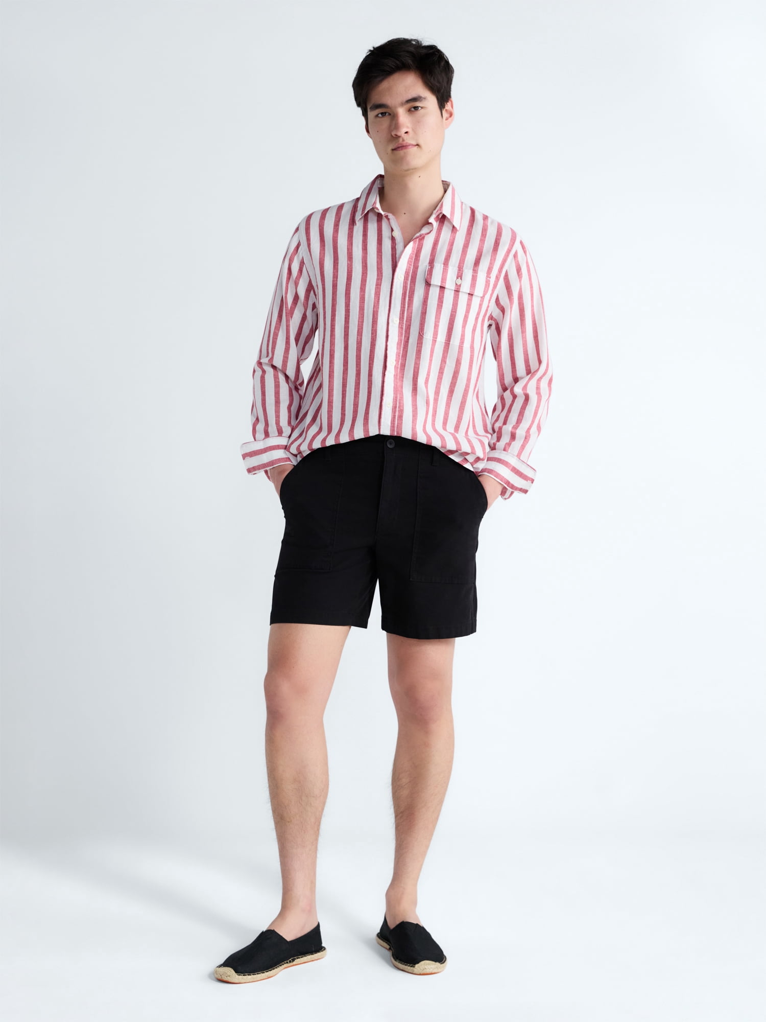 Free Assembly Men's Striped Linen Blend Button Front Shirt with Long Sleeves, Sizes XS-3XL