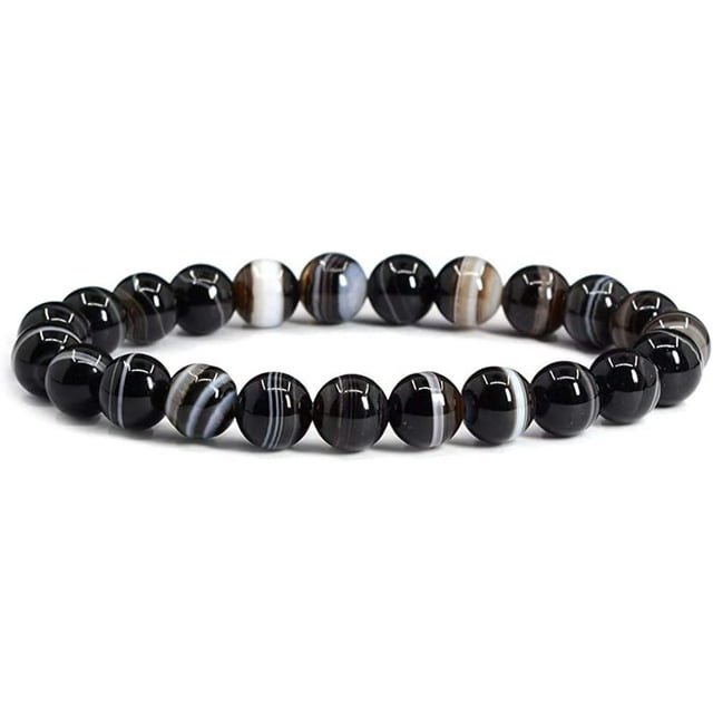 Bracelet Extensible Unisexe en Perles Rondes de 8 mm en Agate à Bande Noire