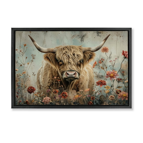 Stupell Industries Spring Blooms Highland Cow Animals Painting Black Floater Framed Canvas Art Print Wall Art, 25 x 17